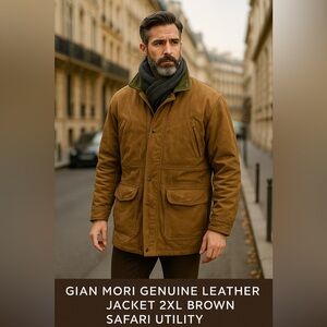 Gian Mori Genuine Leather Jacket 2XL Brown Safari Utility Style Real Leather